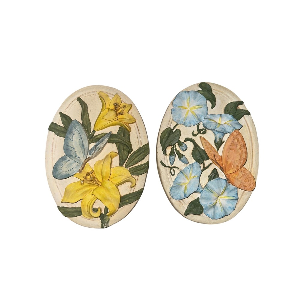 Vintage Avon Butterfly Flower Wall Plaques Set Cottage Fairy‎ Lily Morning Glory